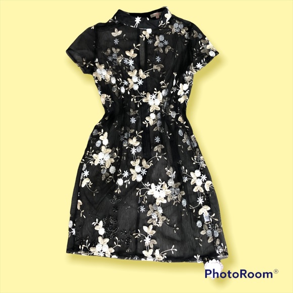 (219) Black Sheer Floral Mini Dress - Picture 2 of 16